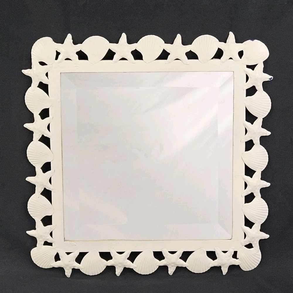 Vintage Beveled Mirror Srashell Starfish Metal Frame Palm Beach Nautical Coastal